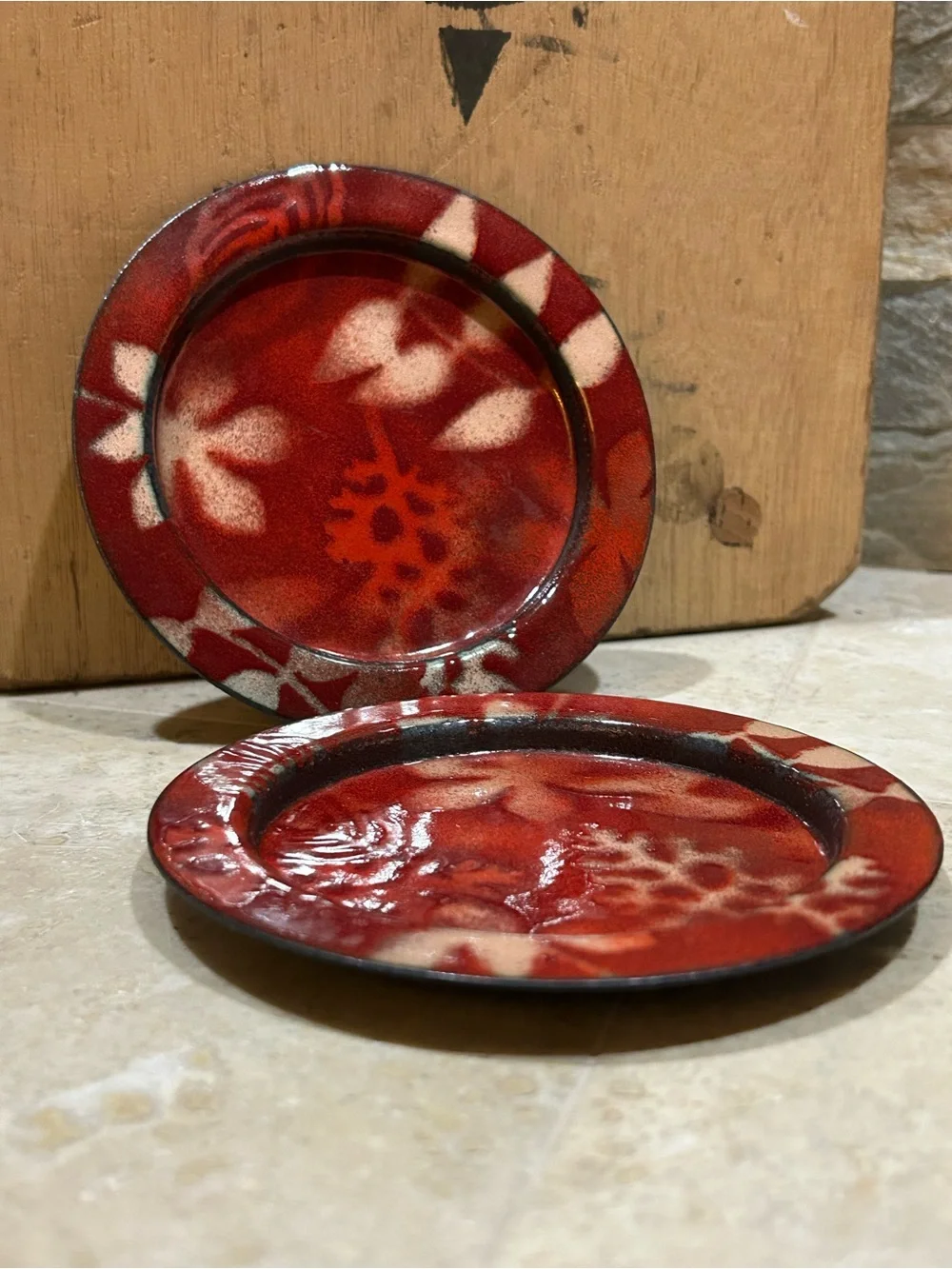 vintage handmade enamel on copper decorative red Drink Coaster Set of 2